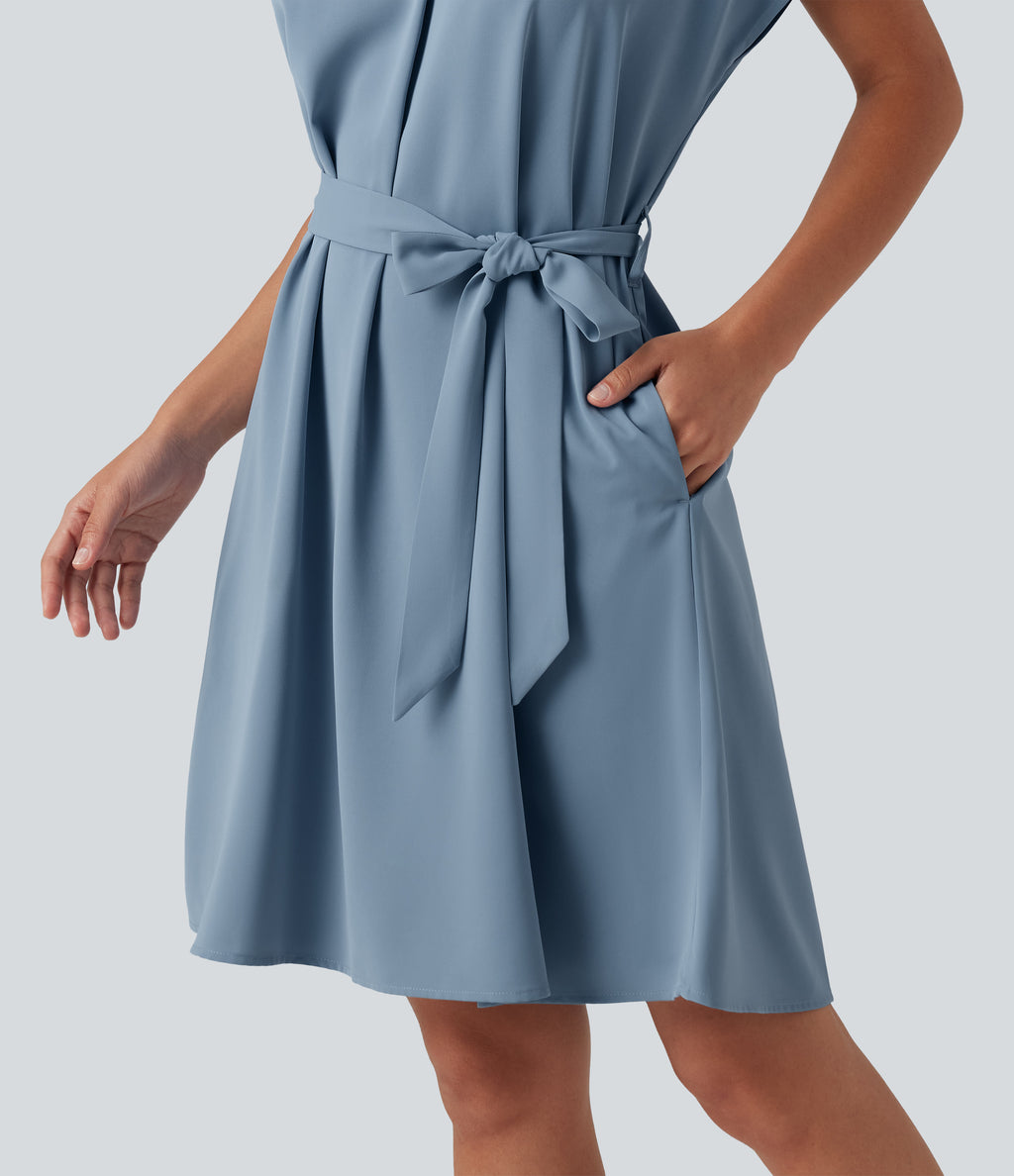 Wrinkle Recovery V Neck Batwing Sleeve Belted Mini Work Dress with Pockets — Mountain Spring — view 6
