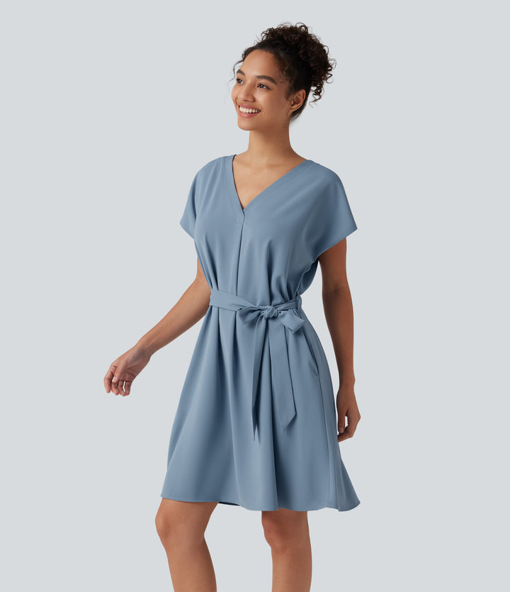 Wrinkle Recovery V Neck Batwing Sleeve Belted Mini Work Dress with Pockets — Mountain Spring — view 1