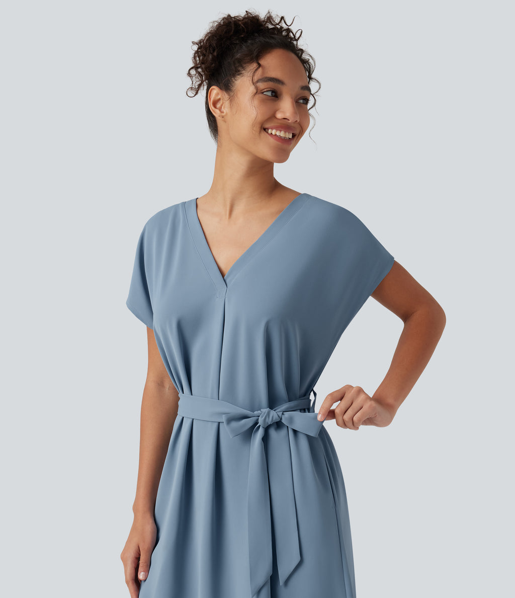 Wrinkle Recovery V Neck Batwing Sleeve Belted Mini Work Dress with Pockets — Mountain Spring — view 5