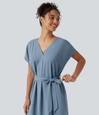 Wrinkle Recovery V Neck Batwing Sleeve Belted Mini Work Dress with Pockets — Mountain Spring — view 5