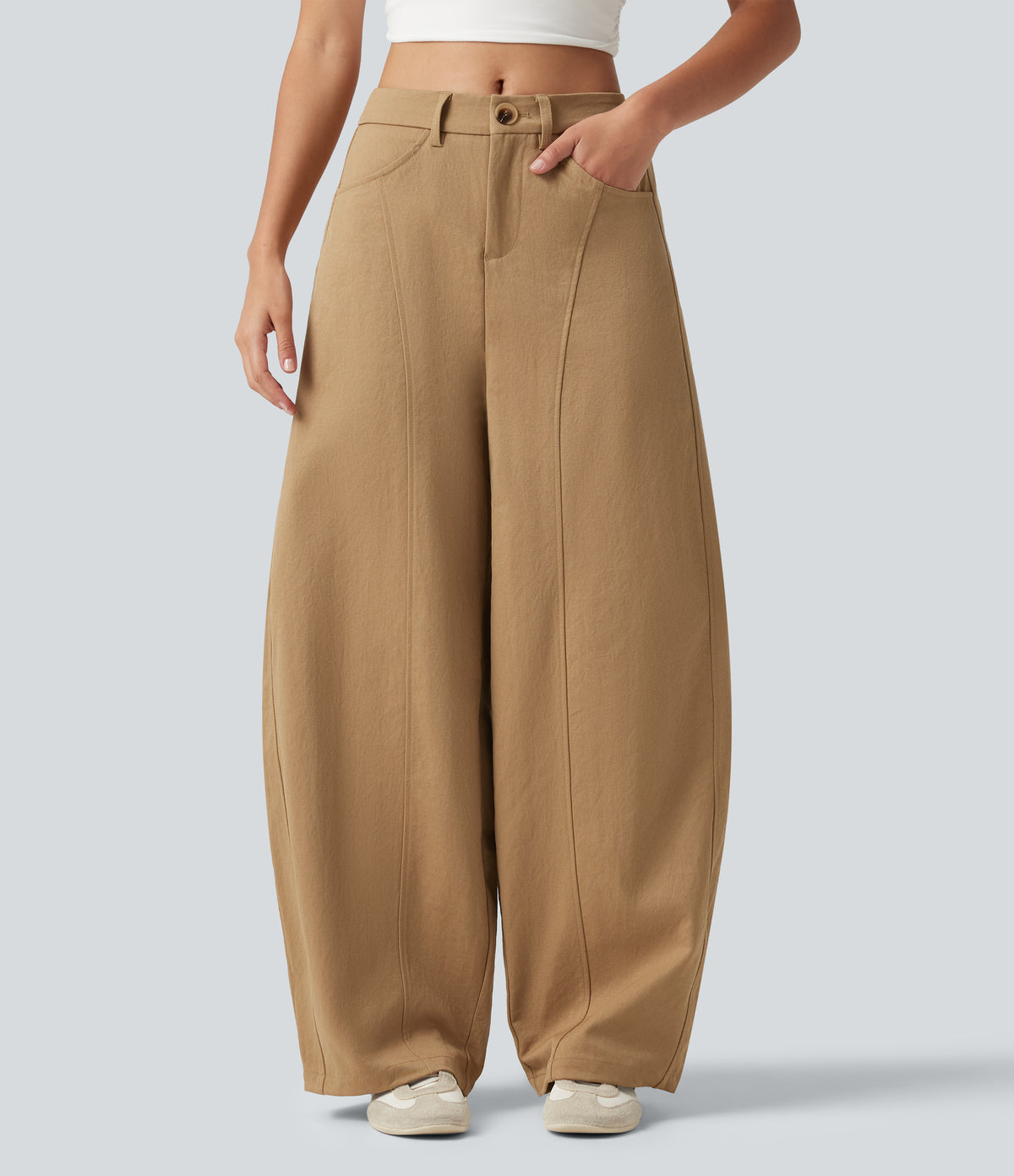 Mid Rise Casual Barrel Leg Trousers with Pockets — Boulder — view 1