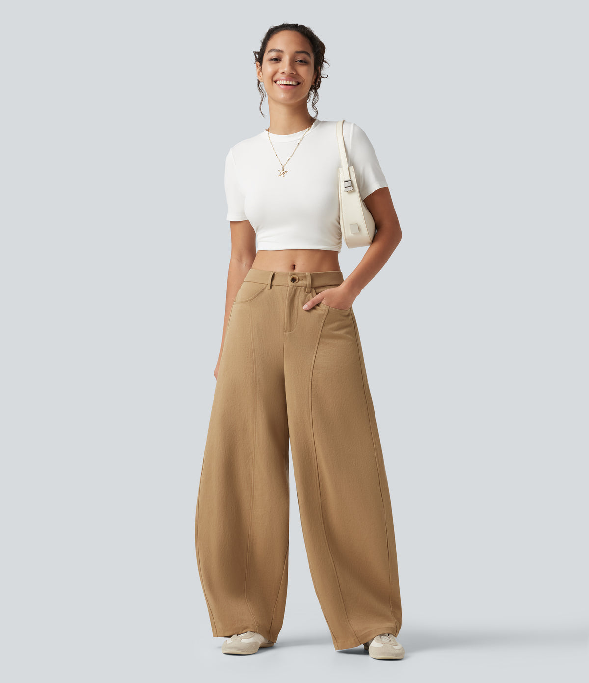 Mid Rise Casual Barrel Leg Trousers with Pockets — Boulder — view 6