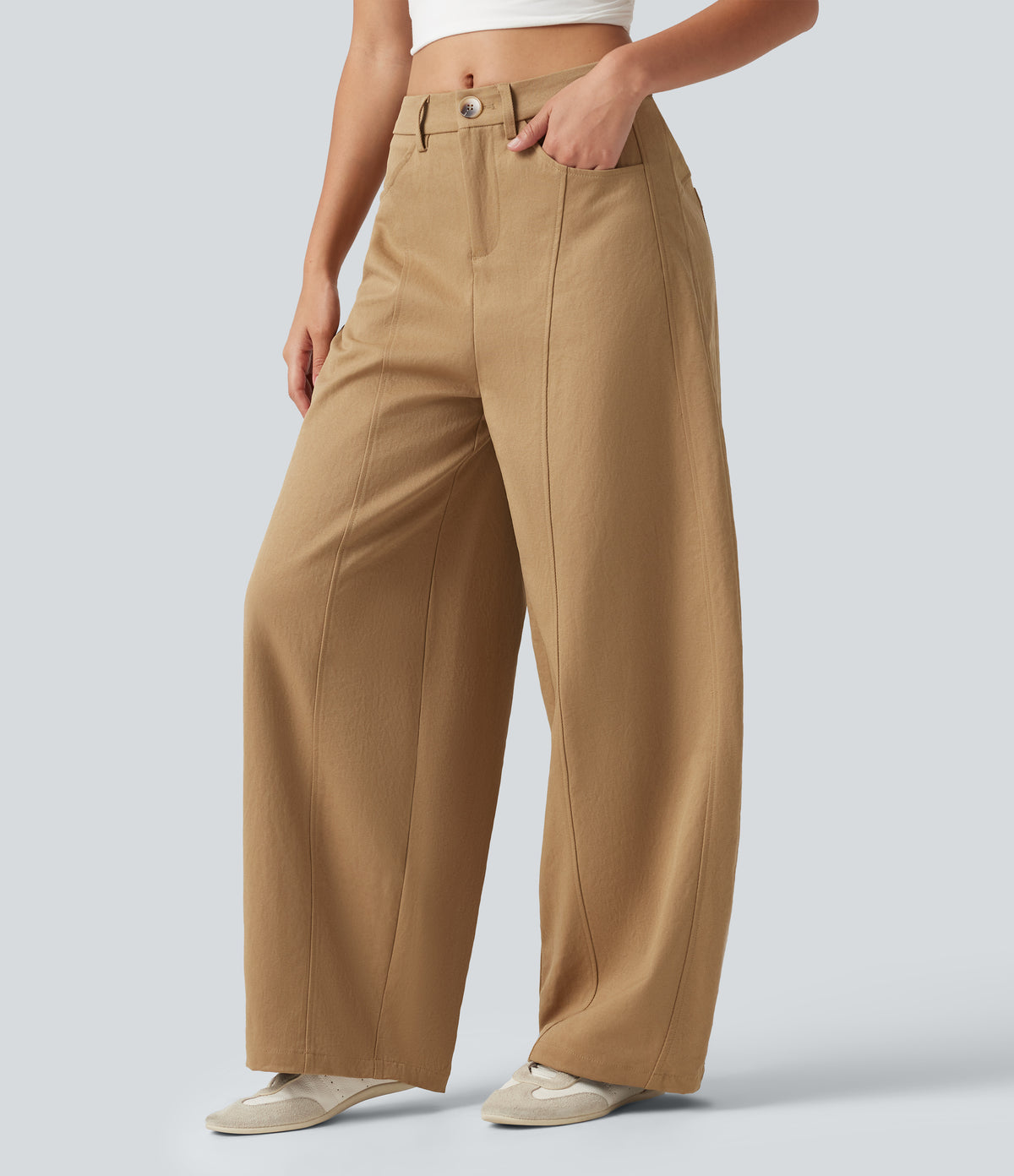 Mid Rise Casual Barrel Leg Trousers with Pockets — Boulder — view 3