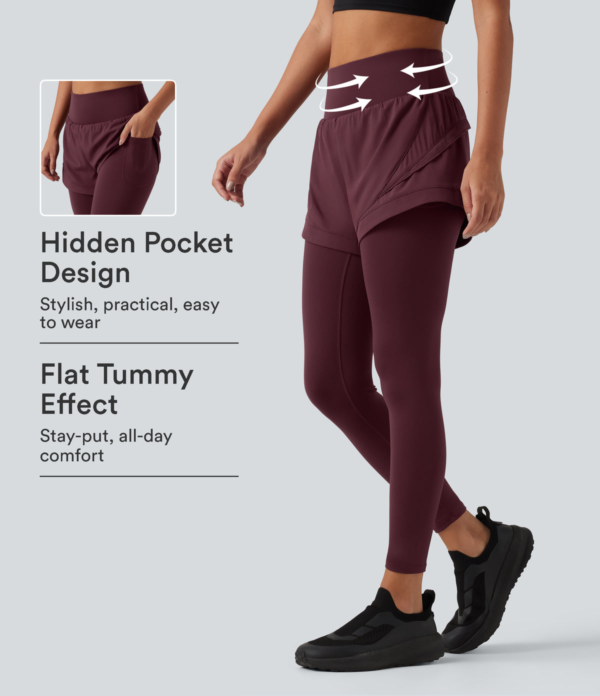 High Waisted Tummy Control 2-in-1 Quick Dry Running Trousers with Pockets — Berry Red — view 1
