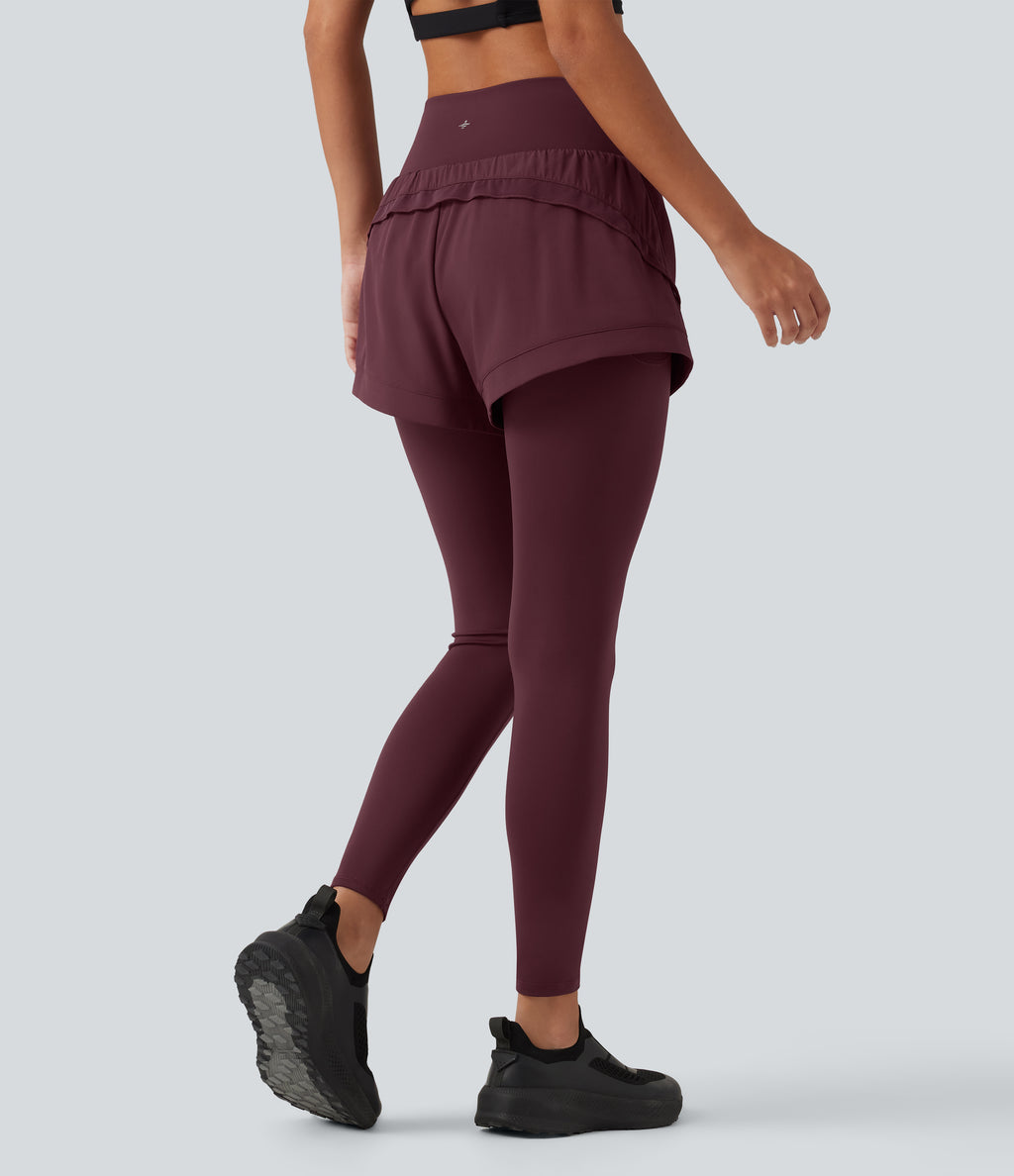 High Waisted Tummy Control 2-in-1 Quick Dry Running Trousers with Pockets — Berry Red — view 2
