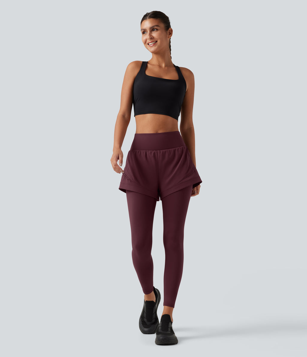 High Waisted Tummy Control 2-in-1 Quick Dry Running Trousers with Pockets — Berry Red — view 8