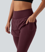High Waisted Tummy Control 2-in-1 Quick Dry Running Trousers with Pockets — Berry Red — view 4