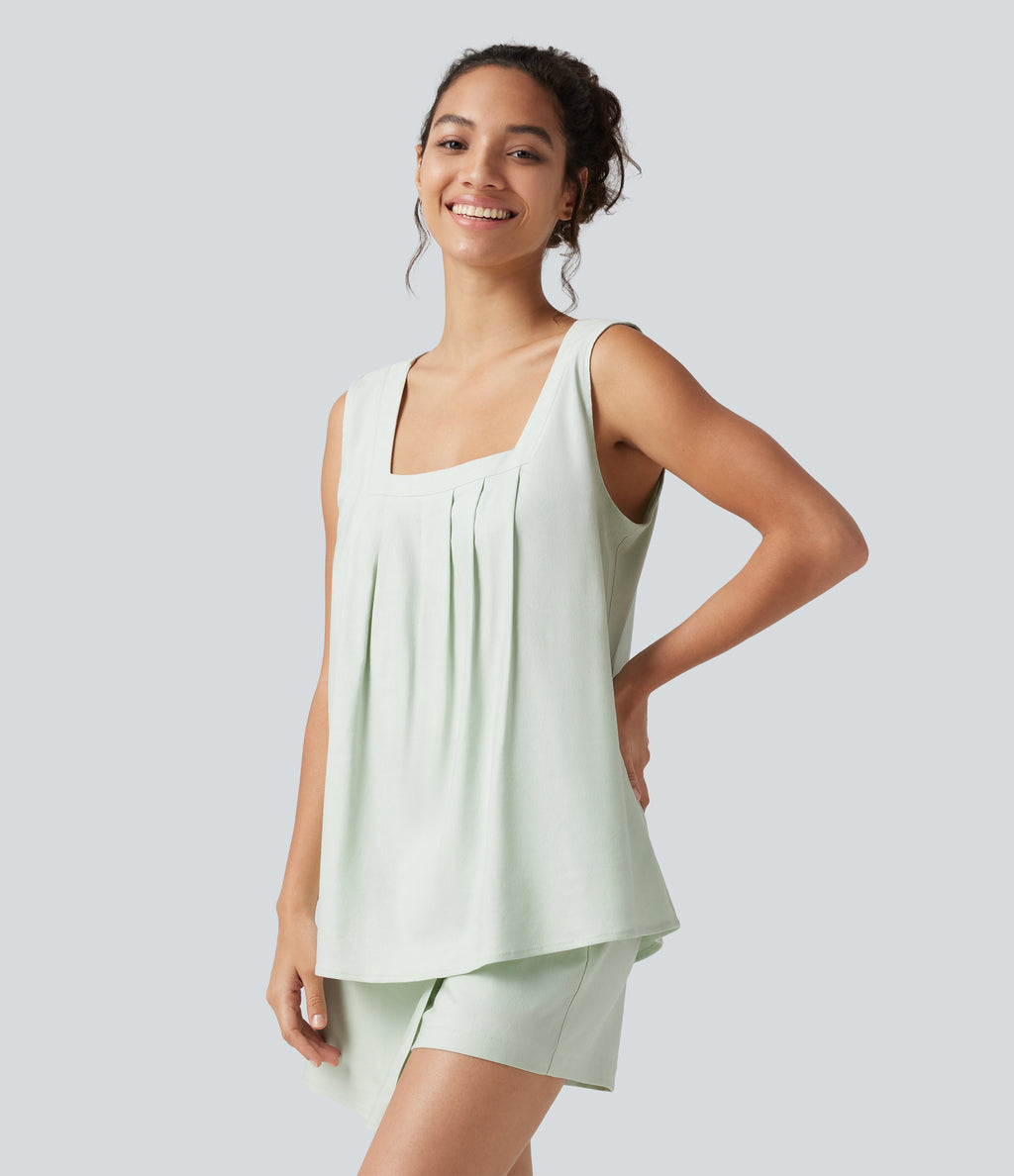 Square Neck Casual Linen-Blend Tank Top — Pale Aqua — view 3