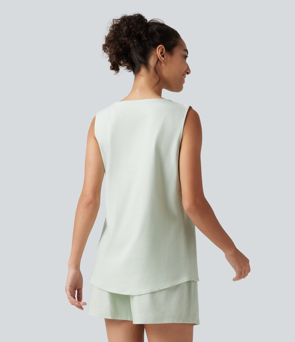 Square Neck Casual Linen-Blend Tank Top — Pale Aqua — view 2