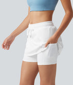 Airy Mid Rise Drawstring 2-in-1 Crossover Hem Cool Touch Mini Workout Skirt with Pockets — White — view 5