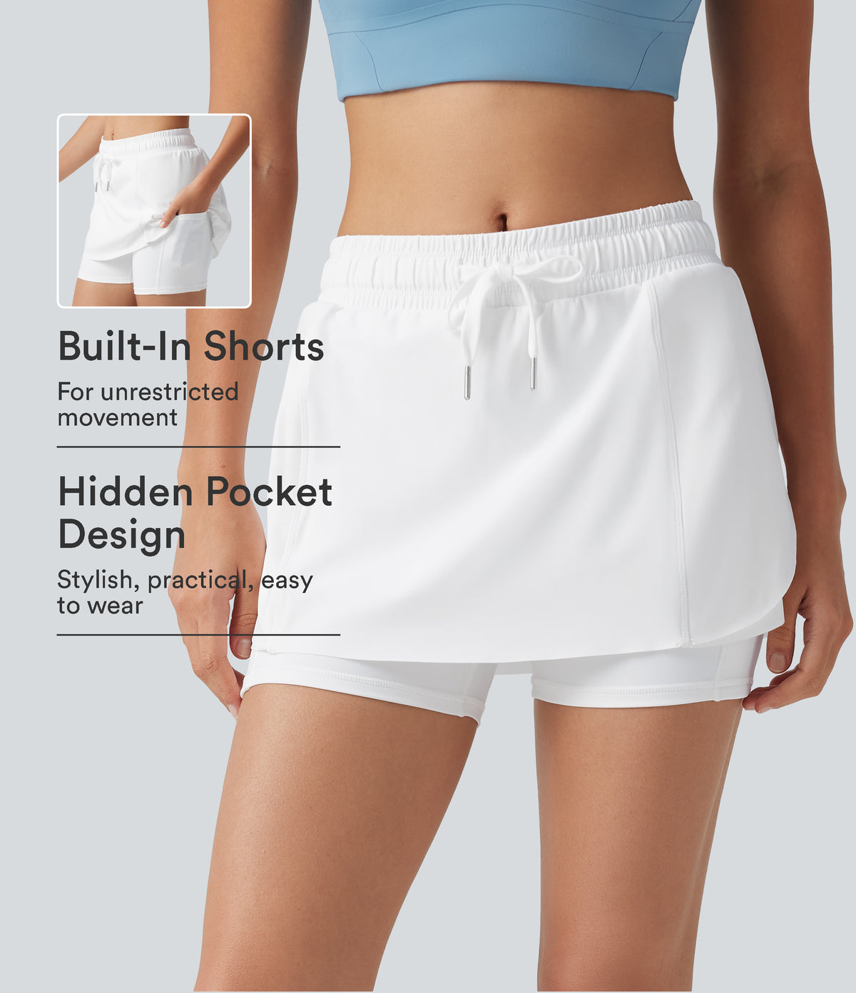 Airy Mid Rise Drawstring 2-in-1 Crossover Hem Cool Touch Mini Workout Skirt with Pockets — White — view 1