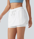 Airy Mid Rise Drawstring 2-in-1 Crossover Hem Cool Touch Mini Workout Skirt with Pockets — White — view 3