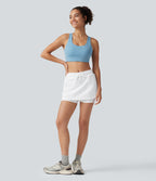 Airy Mid Rise Drawstring 2-in-1 Crossover Hem Cool Touch Mini Workout Skirt with Pockets — White — view 8