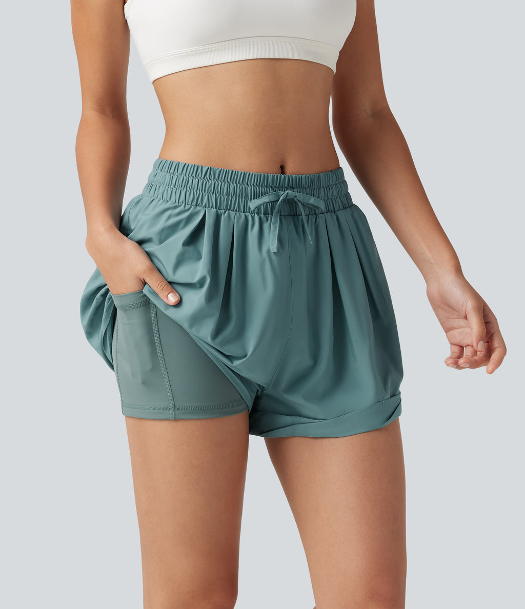 Mid Rise Drawstring 2-in-1 Baggy Running Shorts with Pocket — Aquifer — view 4