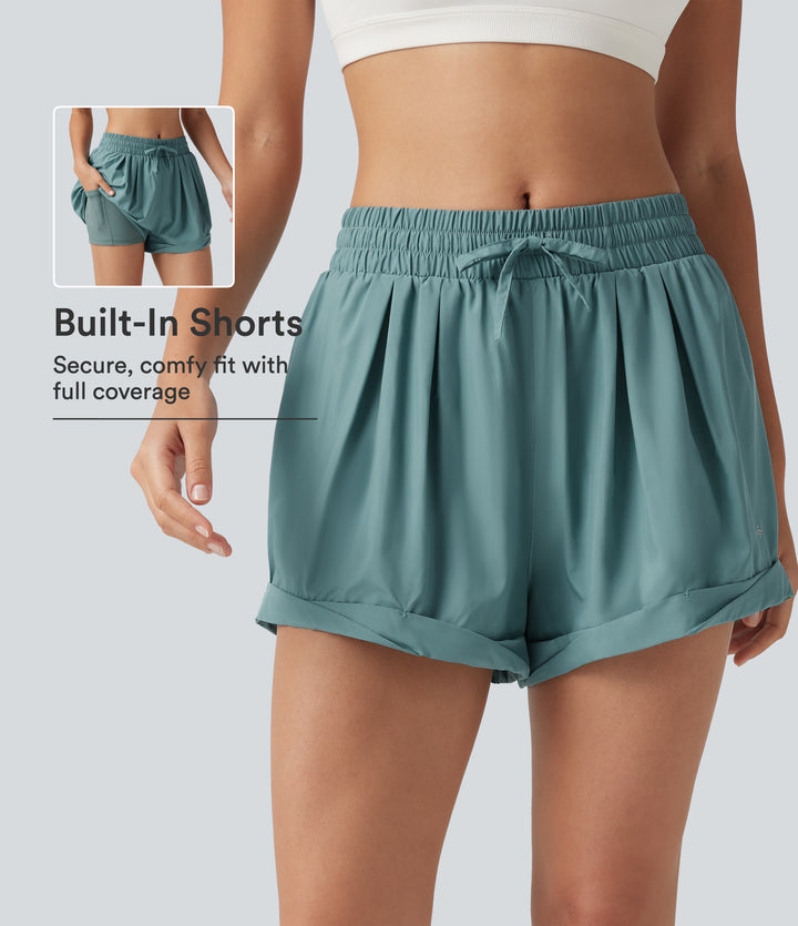 Mid Rise Drawstring 2-in-1 Baggy Running Shorts with Pocket — Aquifer — view 1