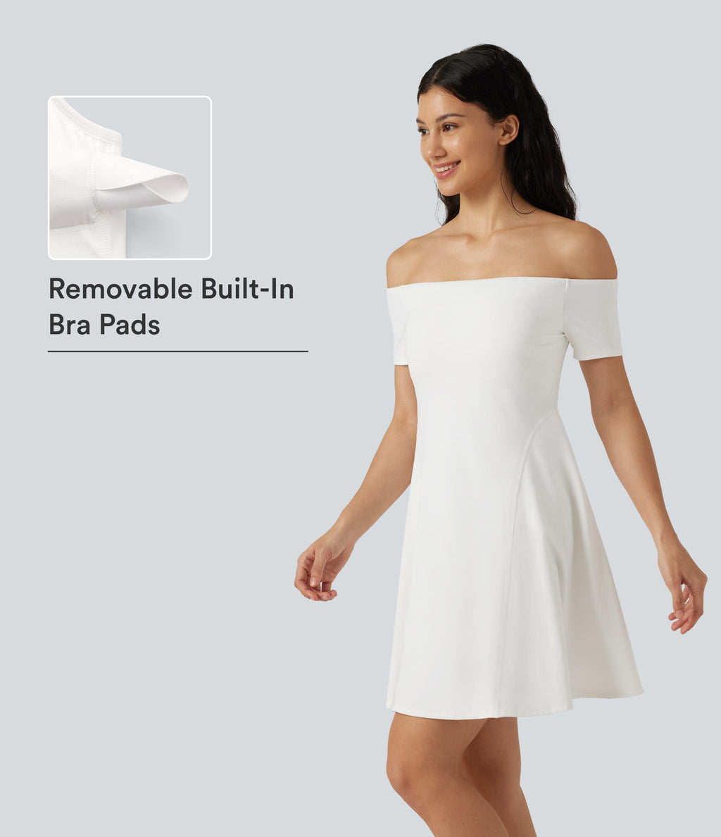 Plush Off Shoulder Short Sleeve Built-in Bra Mini Casual Dress B-DD Cups — White — view 7