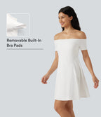 Plush Off Shoulder Short Sleeve Built-in Bra Mini Casual Dress B-DD Cups — White — view 7