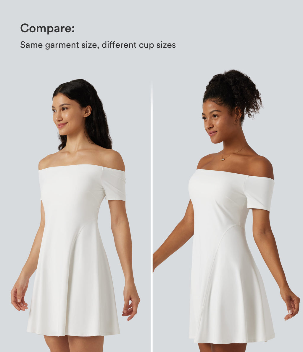 Plush Off Shoulder Short Sleeve Built-in Bra Mini Casual Dress B-DD Cups — White — view 5