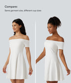 Plush Off Shoulder Short Sleeve Built-in Bra Mini Casual Dress B-DD Cups — White — view 5