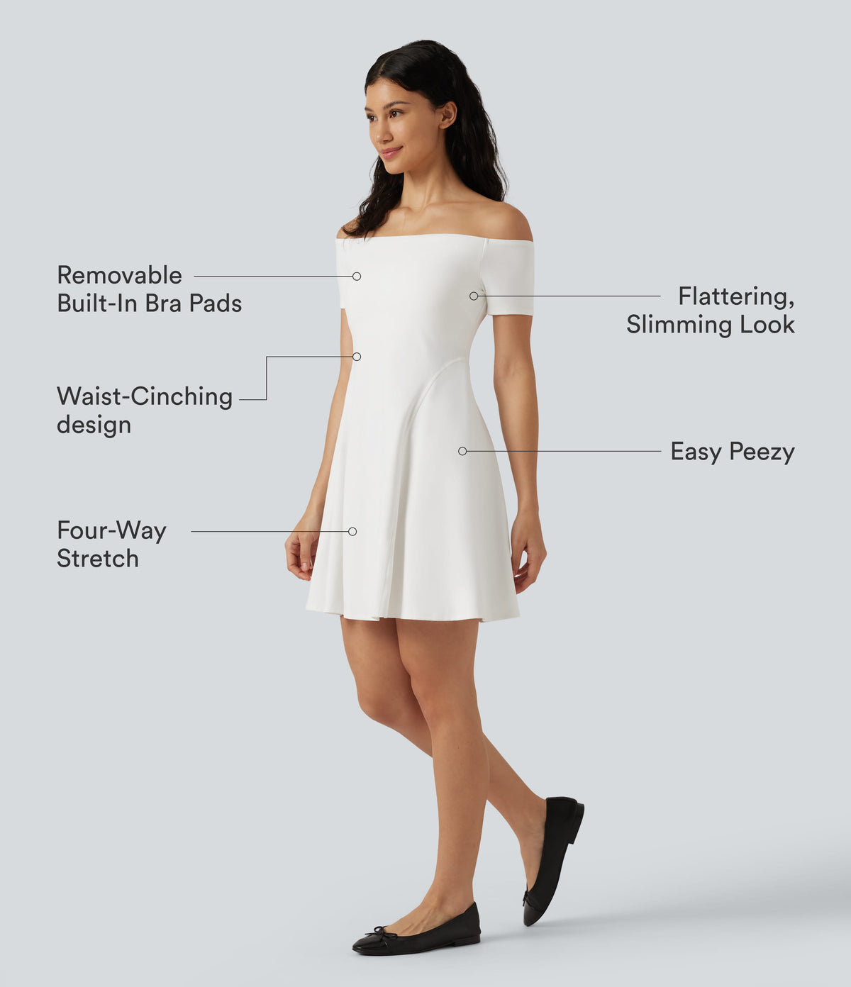 Plush Off Shoulder Short Sleeve Built-in Bra Mini Casual Dress B-DD Cups — White — view 2