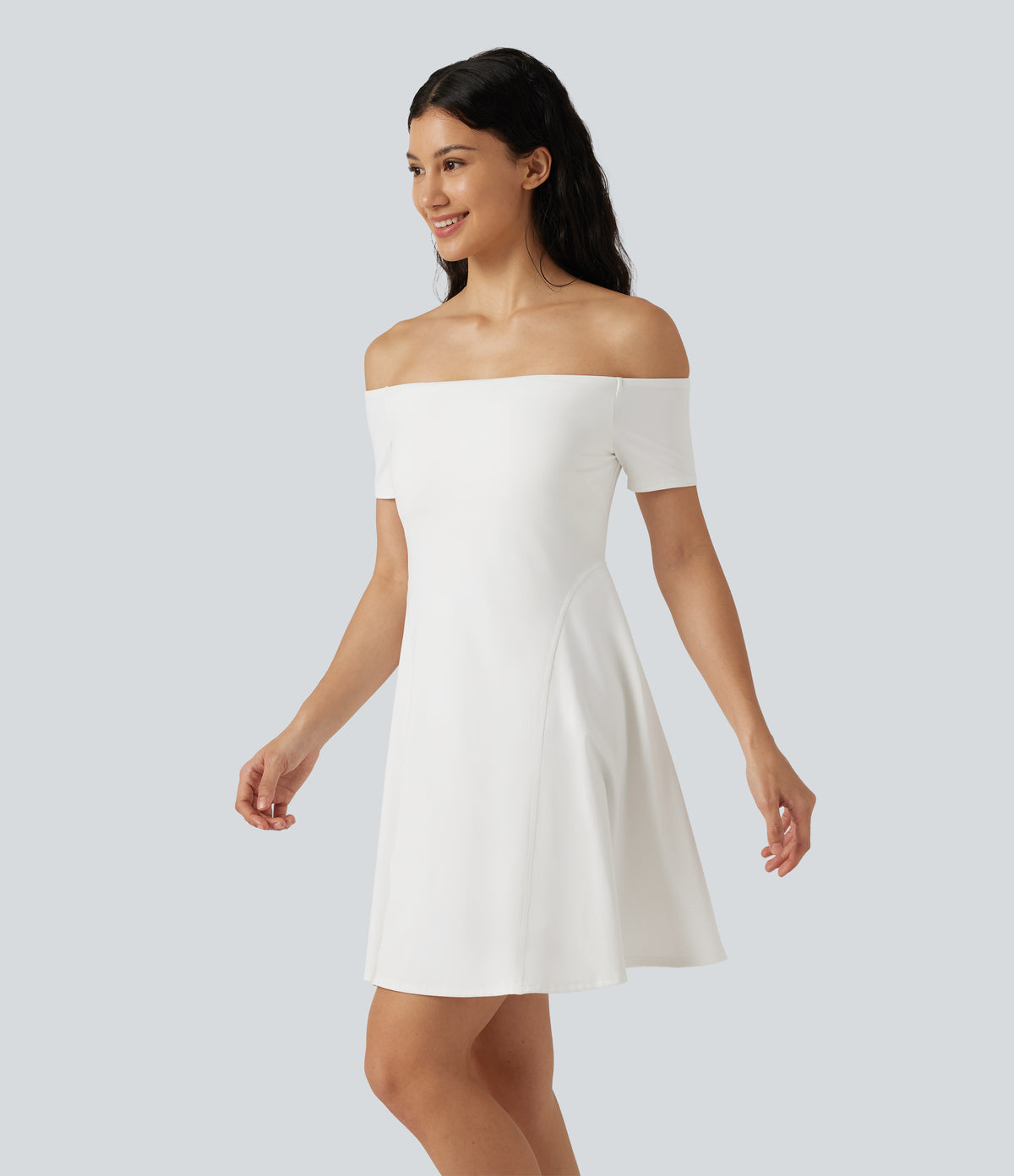 Plush Off Shoulder Short Sleeve Built-in Bra Mini Casual Dress B-DD Cups — White — view 3