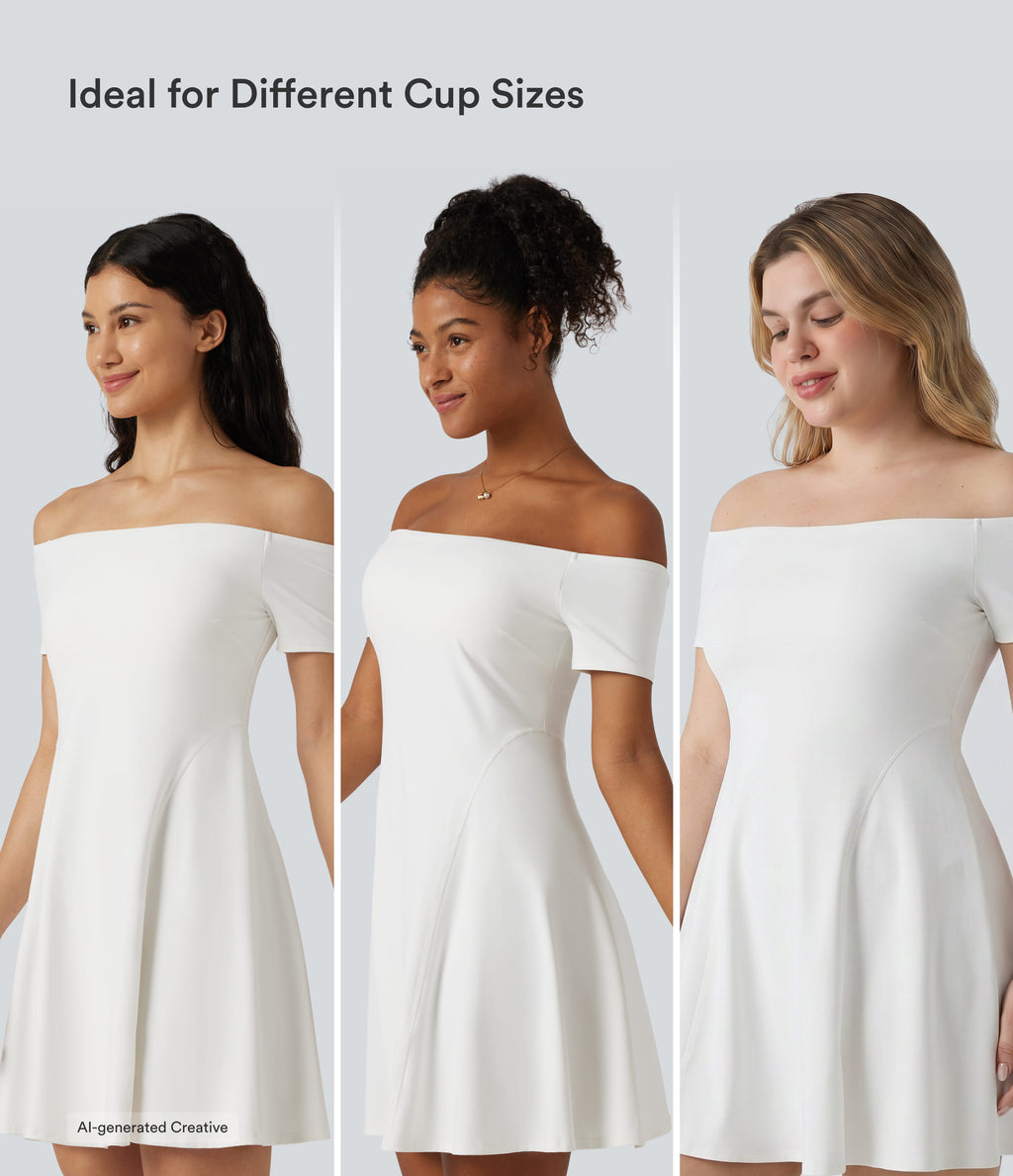 Plush Off Shoulder Short Sleeve Built-in Bra Mini Casual Dress B-DD Cups — White — view 4