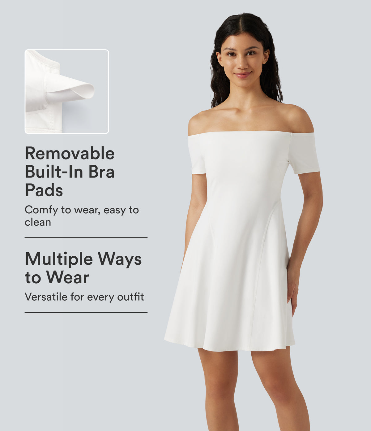 Plush Off Shoulder Short Sleeve Built-in Bra Mini Casual Dress B-DD Cups — White — view 1