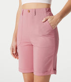 High-waisted Rolled Hem Casual Stretch Linen Bermuda Shorts with Pockets — Rosewater Soft Pink — view 5