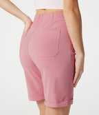 High-waisted Rolled Hem Casual Stretch Linen Bermuda Shorts with Pockets — Rosewater Soft Pink — view 6