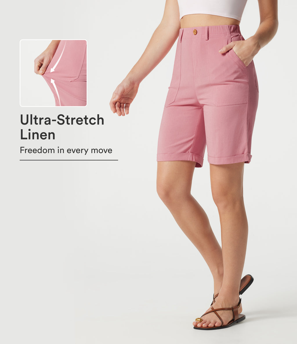 High-waisted Rolled Hem Casual Stretch Linen Bermuda Shorts with Pockets — Rosewater Soft Pink — view 1