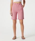 High-waisted Rolled Hem Casual Stretch Linen Bermuda Shorts with Pockets — Rosewater Soft Pink — view 3