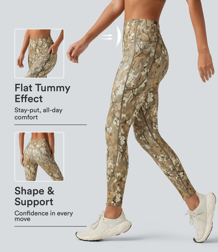 Camo Print High Waisted Tummy Control Yoga Leggings with Pockets — Woodland Camo — view 1