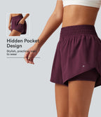 High Waisted 2-in-1 Crossover Curved Hem Quick Dry Running Shorts 3'' with Pockets — Amaranth — view 1