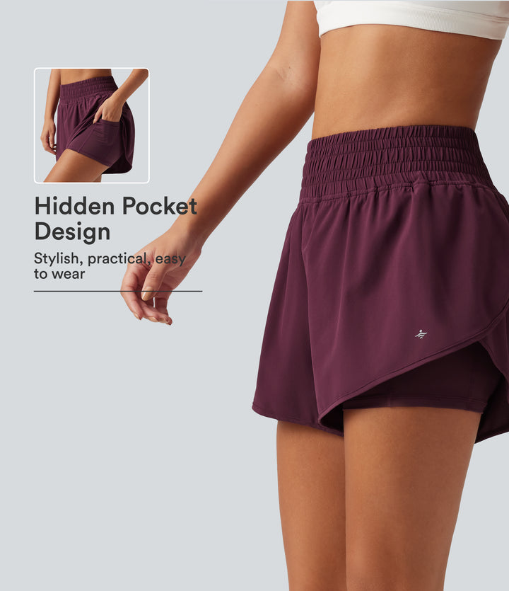 High Waisted 2-in-1 Crossover Curved Hem Quick Dry Running Shorts 3'' with Pockets — Amaranth — view 1