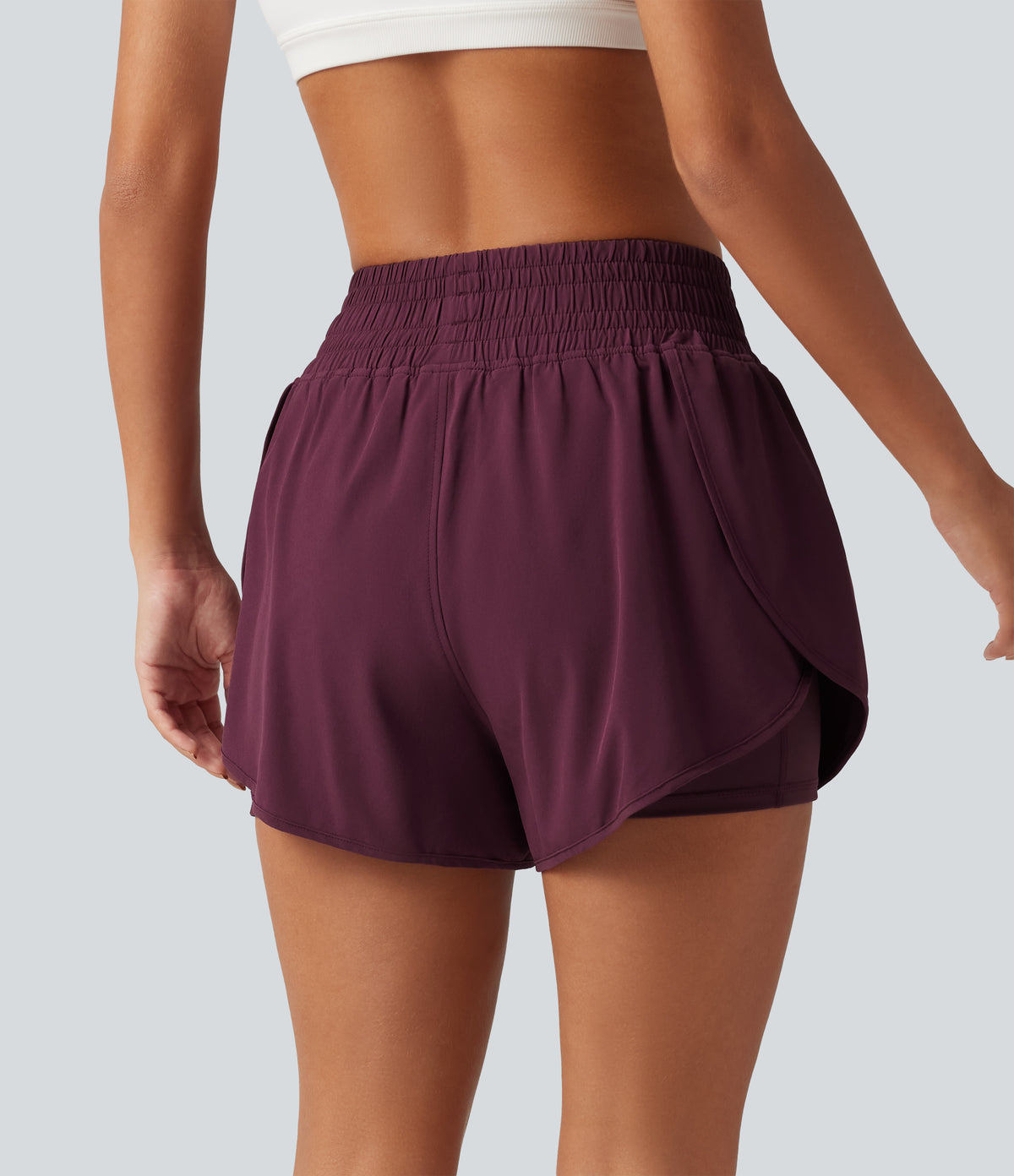 High Waisted 2-in-1 Crossover Curved Hem Quick Dry Running Shorts 3'' with Pockets — Amaranth — view 2
