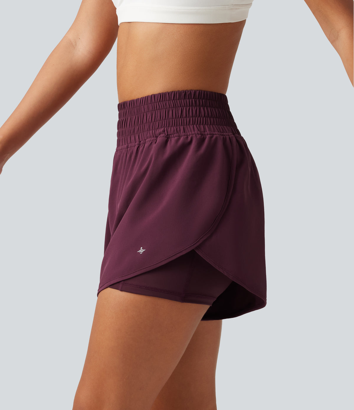 High Waisted 2-in-1 Crossover Curved Hem Quick Dry Running Shorts 3'' with Pockets — Amaranth — view 5