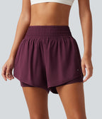 High Waisted 2-in-1 Crossover Curved Hem Quick Dry Running Shorts 3'' with Pockets — Amaranth — view 3
