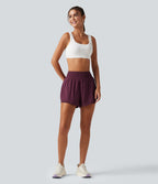 High Waisted 2-in-1 Crossover Curved Hem Quick Dry Running Shorts 3'' with Pockets — Amaranth — view 7