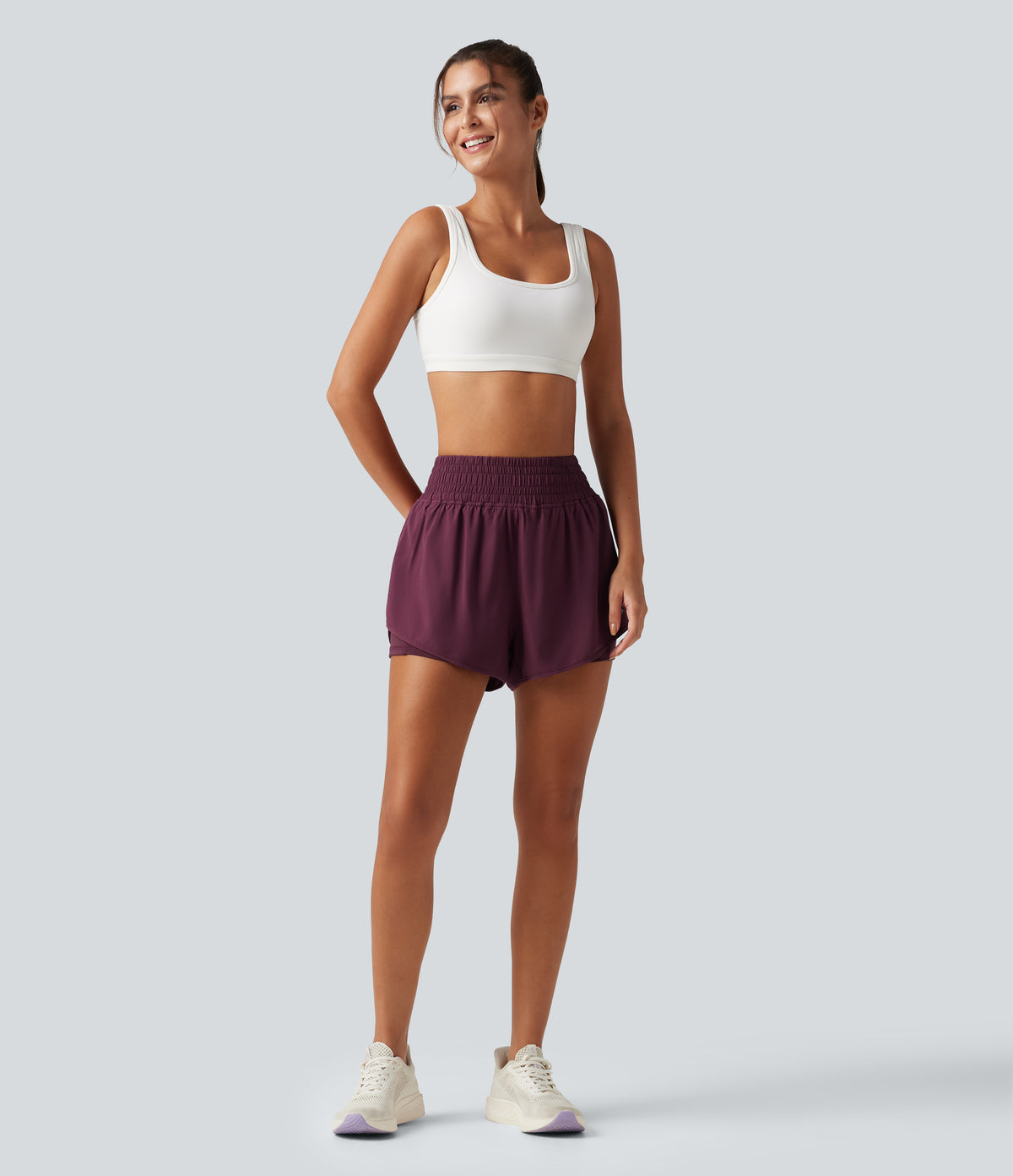 High Waisted 2-in-1 Crossover Curved Hem Quick Dry Running Shorts 3'' with Pockets — Amaranth — view 7