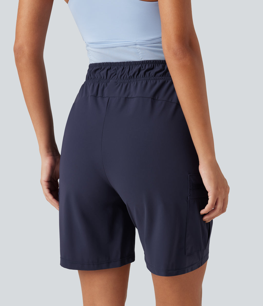 High Waisted Drawstring Bermuda Quick Dry Cool Touch Casual Cargo Shorts 7'' with Pockets-UPF40+ — Peacoat — view 5
