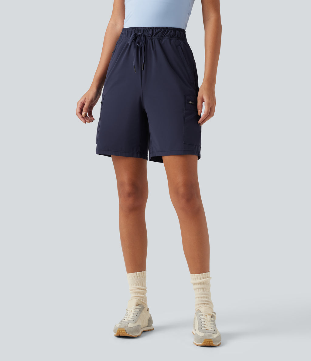 High Waisted Drawstring Bermuda Quick Dry Cool Touch Casual Cargo Shorts 7'' with Pockets-UPF40+ — Peacoat — view 3