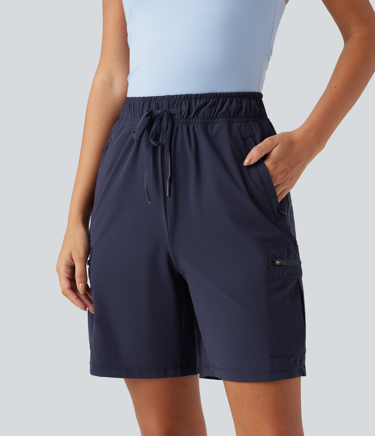 High Waisted Drawstring Bermuda Quick Dry Cool Touch Casual Cargo Shorts 7'' with Pockets-UPF40+ — Peacoat — view 4