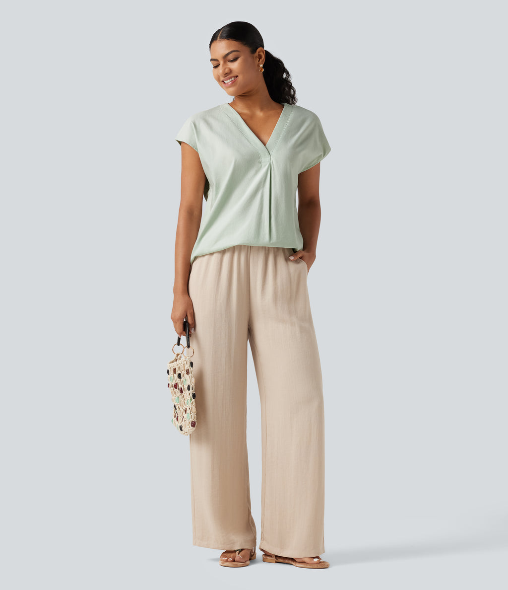V Neck Cap Sleeve Casual Cotton Linen Blouse — Mint Gray — view 6