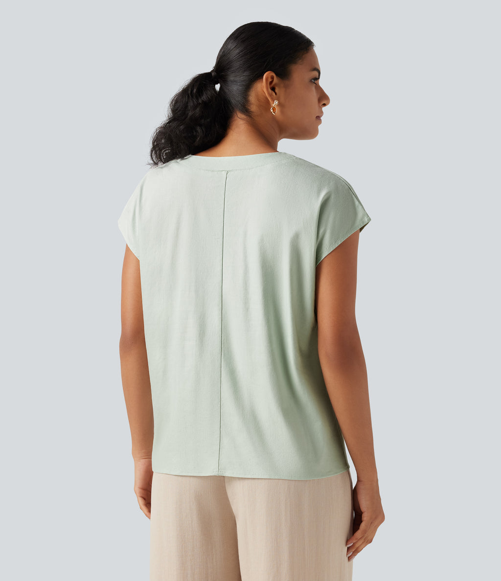 V Neck Cap Sleeve Casual Cotton Linen Blouse — Mint Gray — view 2