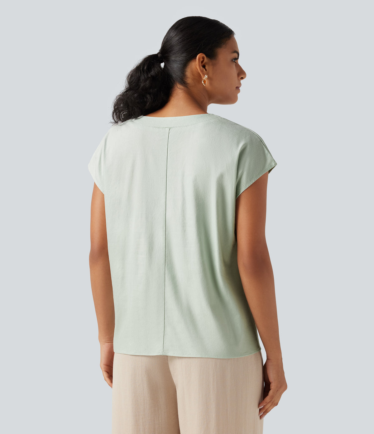 V Neck Cap Sleeve Casual Cotton Linen Blouse — Mint Gray — view 2