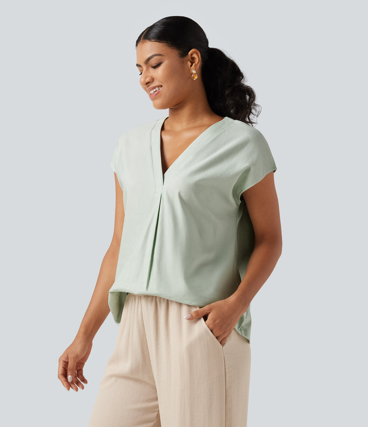 V Neck Cap Sleeve Casual Cotton Linen Blouse — Mint Gray — view 3