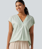 V Neck Cap Sleeve Casual Cotton Linen Blouse — Mint Gray — view 1