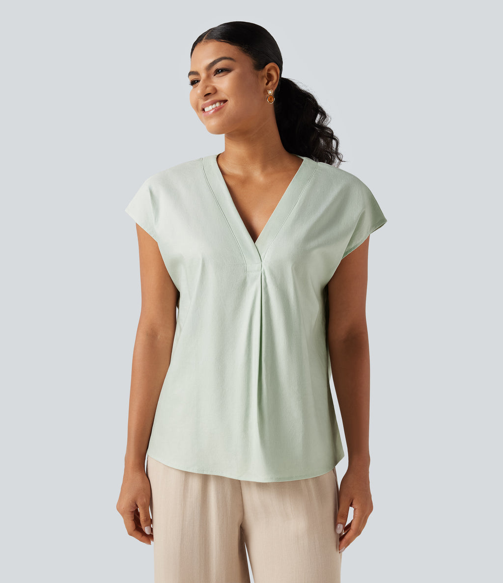 V Neck Cap Sleeve Casual Cotton Linen Blouse — Mint Gray — view 4