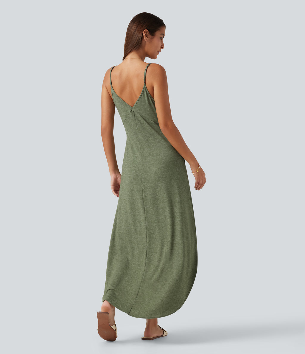 V Neck Split Hem Maxi Casual Slip Dress with Pockets — Light Green Floral Yarn — view 2