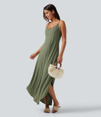 V Neck Split Hem Maxi Casual Slip Dress with Pockets — Light Green Floral Yarn — view 8